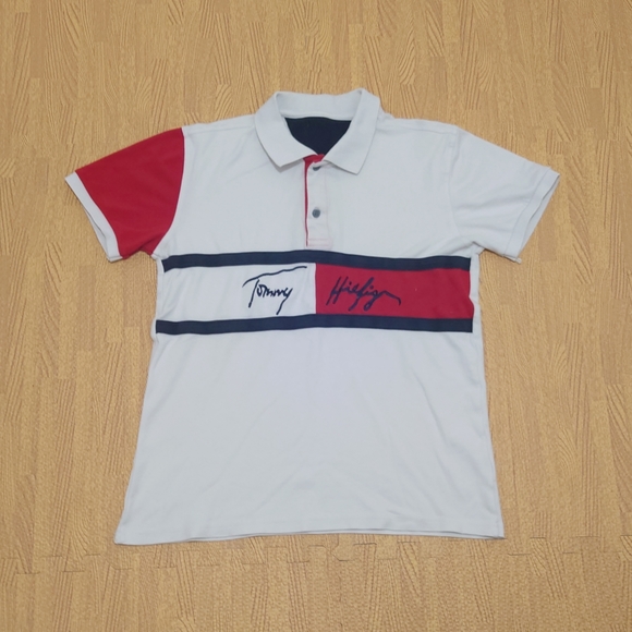 Tommy Hilfiger Short Sleeve Polo Shirt Men's Small White Spell Out Logo Button - Picture 2 of 9